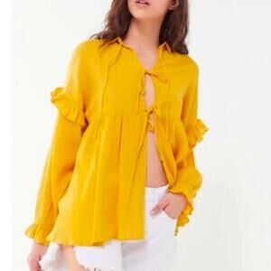NWT Urban Outfitters Claudia Crinkle Tie-Front Babydoll Top Yellow Women’s M